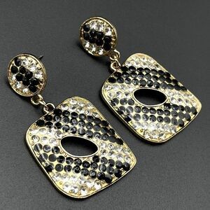 Yellow Gold with White Diamond Crystal and Black Enamel Geometric Post Earrings